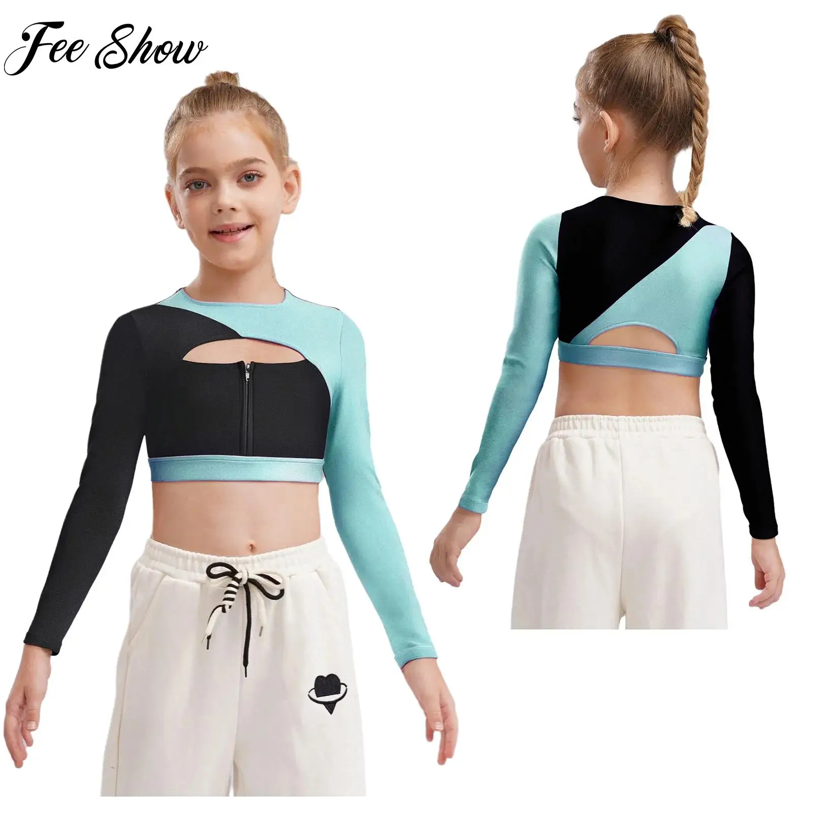 Kids Girls Sports Tops Yoga Tops Workout Running Cycling Costumes Breathable Long Sleeve Front Color Block Crop Top