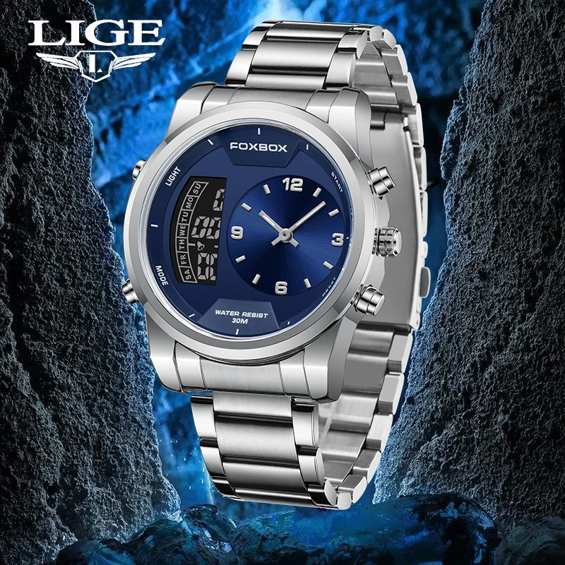 LIGE Luxury men Watches Waterproof Alarm Clock Multifunctional Alloy Steel Strip Dual Display Electronic Watch Relogio Masculino ds1302 rotating led display alarm electronic clock module diy kit led temperature display for arduino