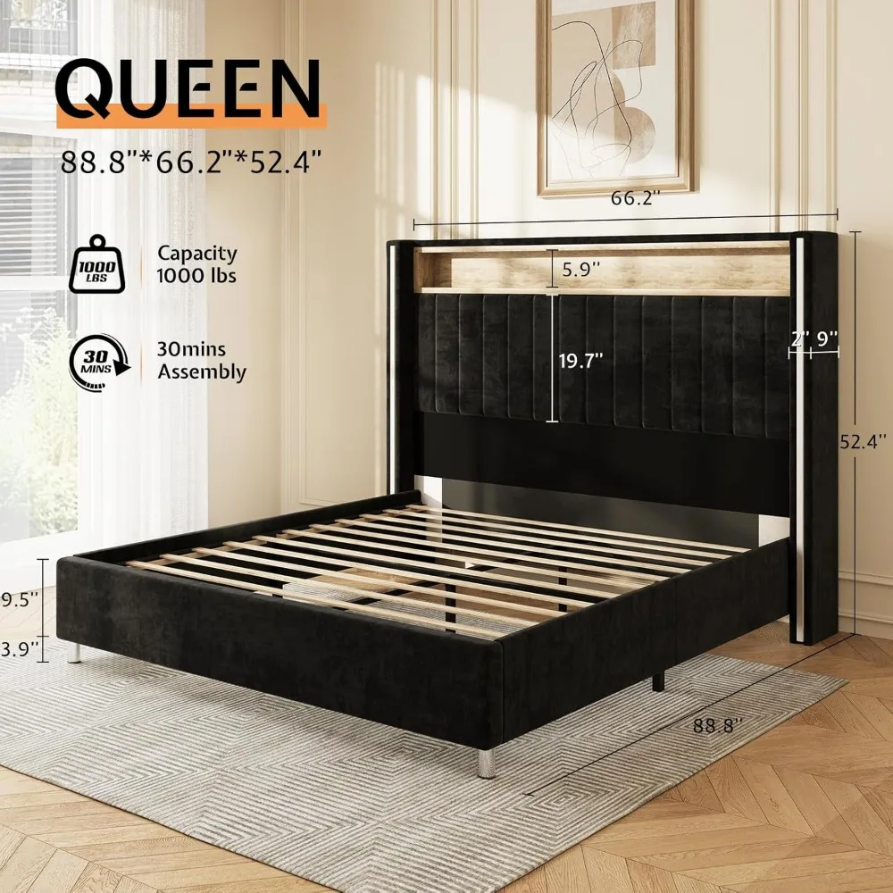 Jocisland Queen Size Bed Frame with LED Lights and Charging Station, Velvet Upholstered Platform Bed with 53" Tall Storage Headb 2