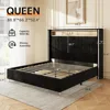 Jocisland Queen Size Bed Frame with LED Lights and Charging Station, Velvet Upholstered Platform Bed with 53" Tall Storage Headb 2