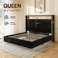 Jocisland Queen Size Bed Frame with LED Lights and Charging Station, Velvet Upholstered Platform Bed with 53" Tall Storage Headb 2