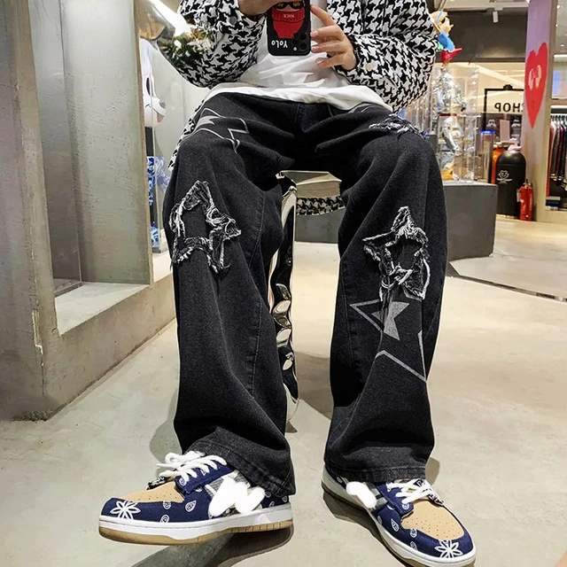 Men Loose Patchwork Denim Pants Distressed Straight Leg Jeans Trousers