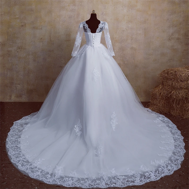 Y&M V Neck Full Sleeve Customized Plus Size Vestido De Noiva 2025 Wedding Dress Long Train or Floor Appliqe Bridal Tulle Mariage