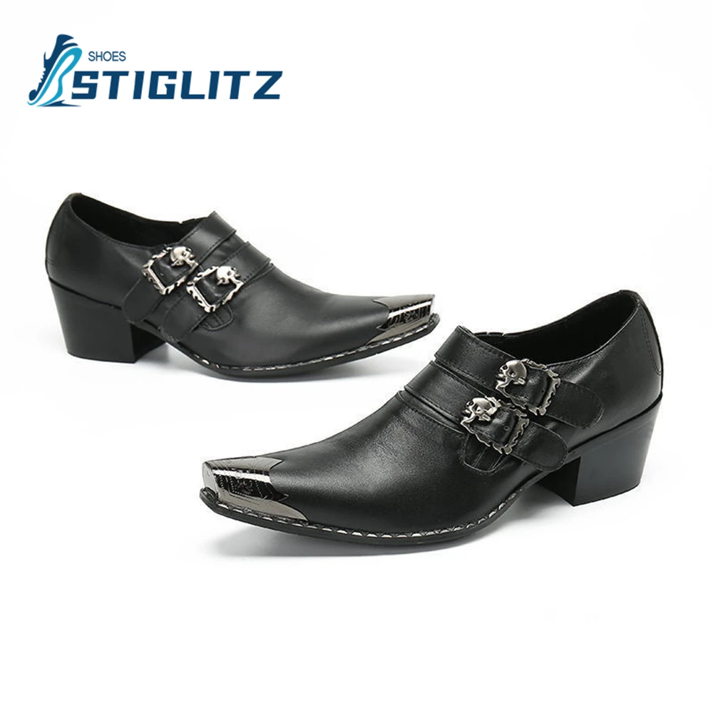 Flame Buckle Chelseas Black Genuine Leather Shallow Mules Metal Square Toe Sewing Thread Heeled Shoes Business Dress Men's Shoes