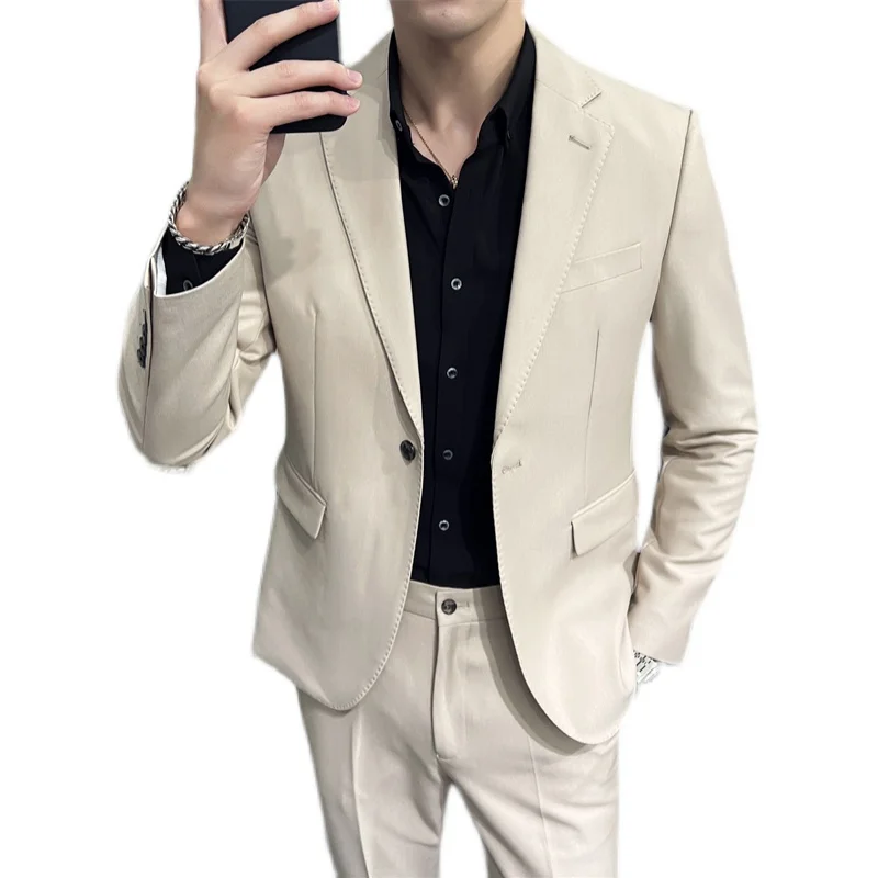 Men formal suit two-piece suit (jacket+pants)solid color fashion business office dress wedding party high-quality two-piece