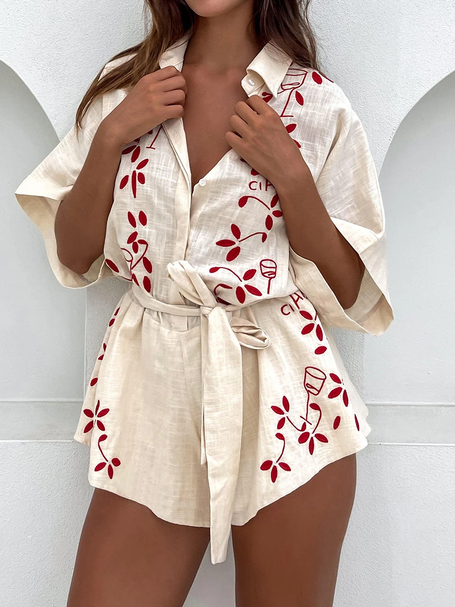 Resort Style Print Lapel Short Sleeves Casual Pocket Waist Tie Loose Rompers