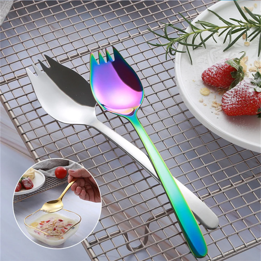 2 In 1 Stainless Steel Spork Salad Noodles Fork Spoon Camping Picnic Tableware Ice Cream Scoop Dual-Purpose Spoon Fork New