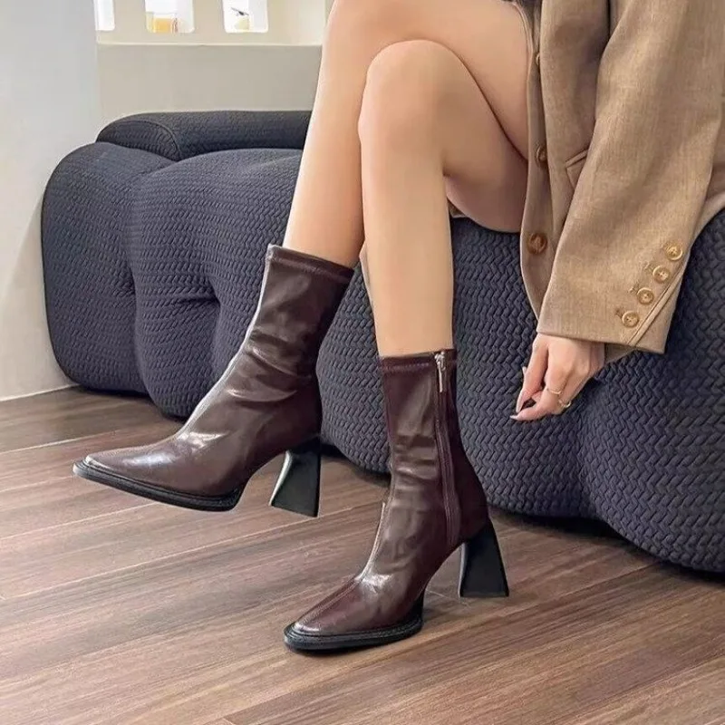 

Quality Women Shoes 2023 Autumn Winter Women's Boots Modern Mid-calf Boots Fashion Zip Pointed Hoof Heels Western Ladies Shoes