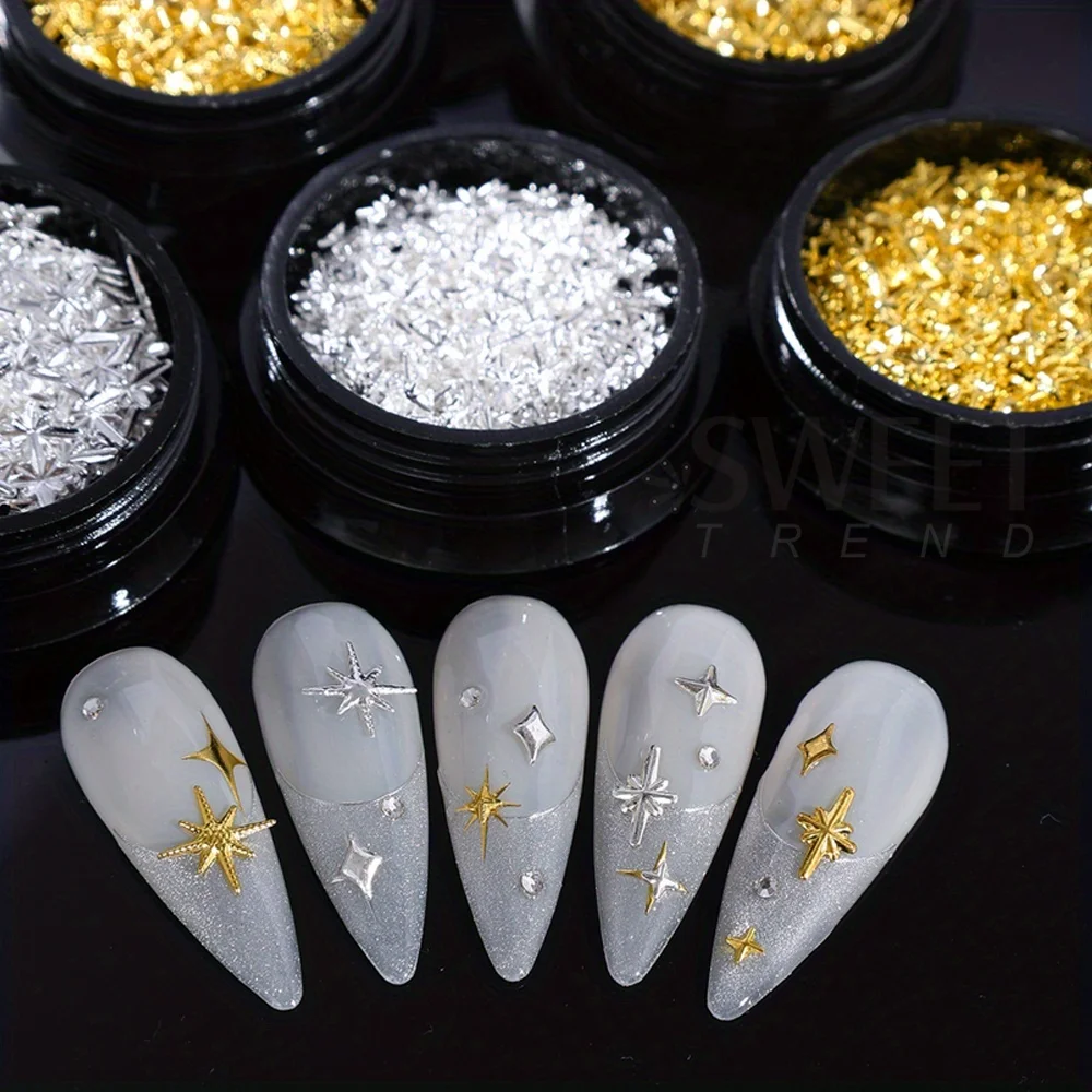 6 Boxes/set 3D Star Nail Art Charm Gold Silver Y2K Alloy Flat Back Star Nail Jewelry Punk Design Nail Art Decoration Accessories