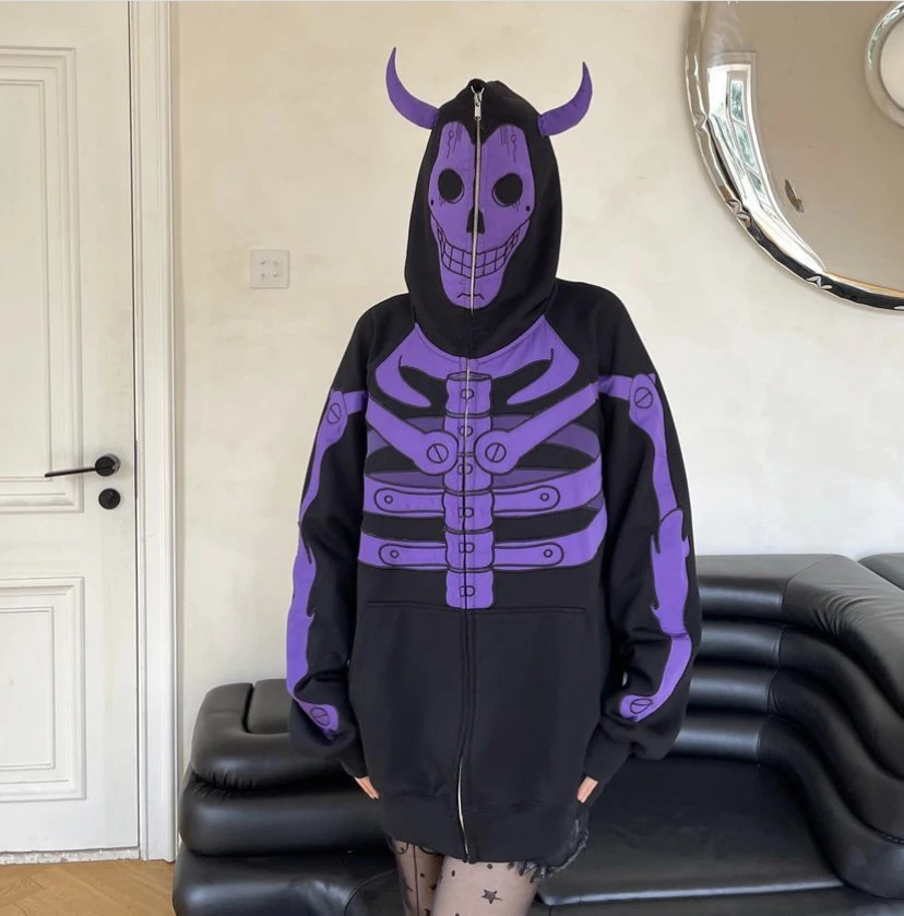 

Hip Hop Gothic Harajuku Y2k Skeleton Skull Print Full Zip Up Hoodie Streetwear Women Long-sleeved Oversized Jackets Sweatshirts