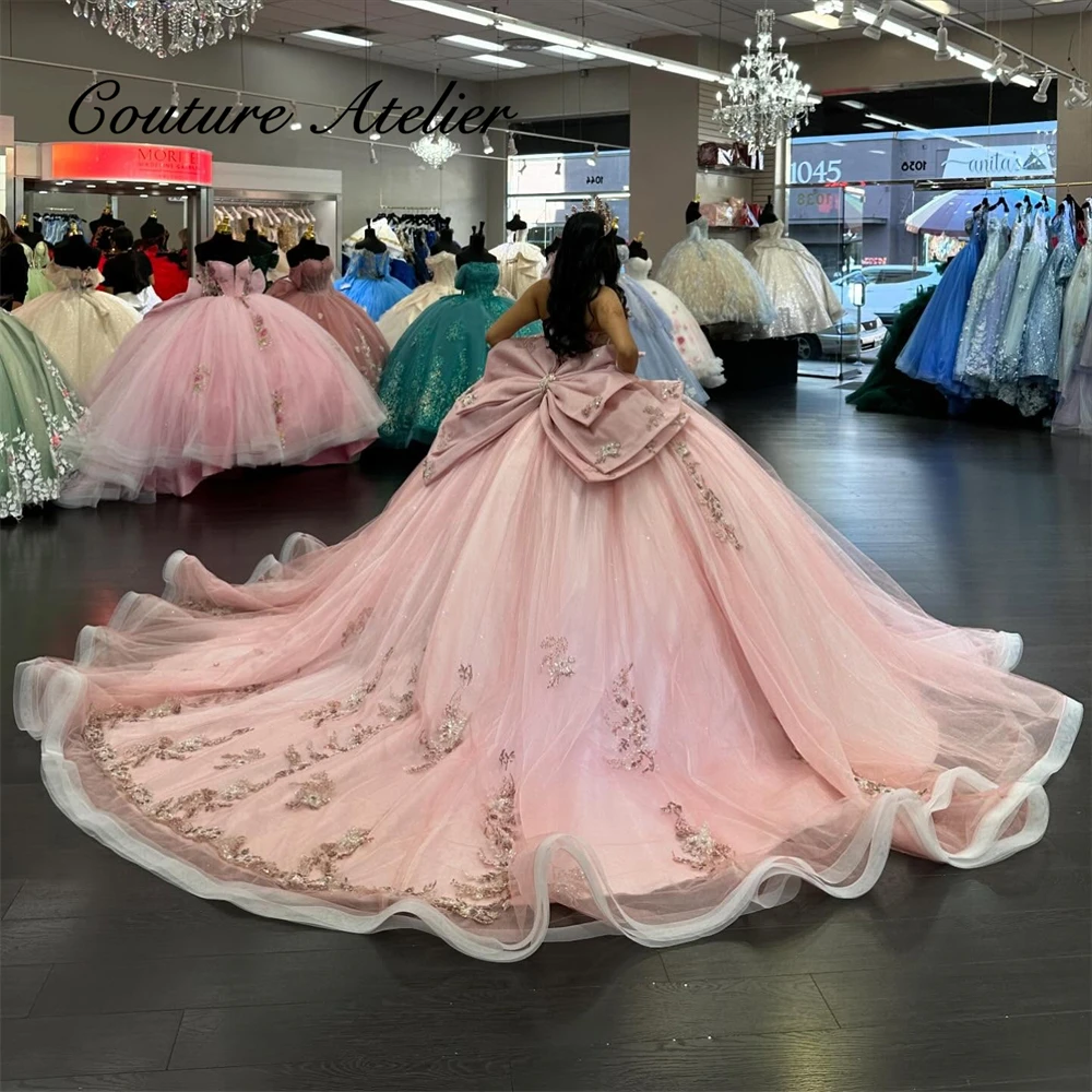 Exquisite Pink Sweet 16 Quinceanera Dresses Rhinestones Corset Applique Ball Gown With Bow vestidos xv a&ntilde;os nuevos Customized