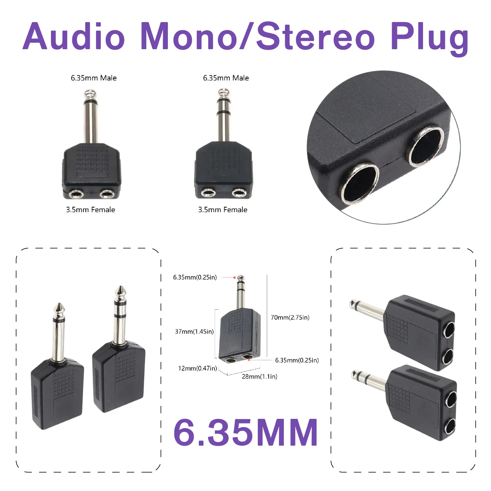 Universal Audio Jack Adapter - 6.35mm Male to 3.5mm/6.35mm Female Headphone & Microphone Splitter