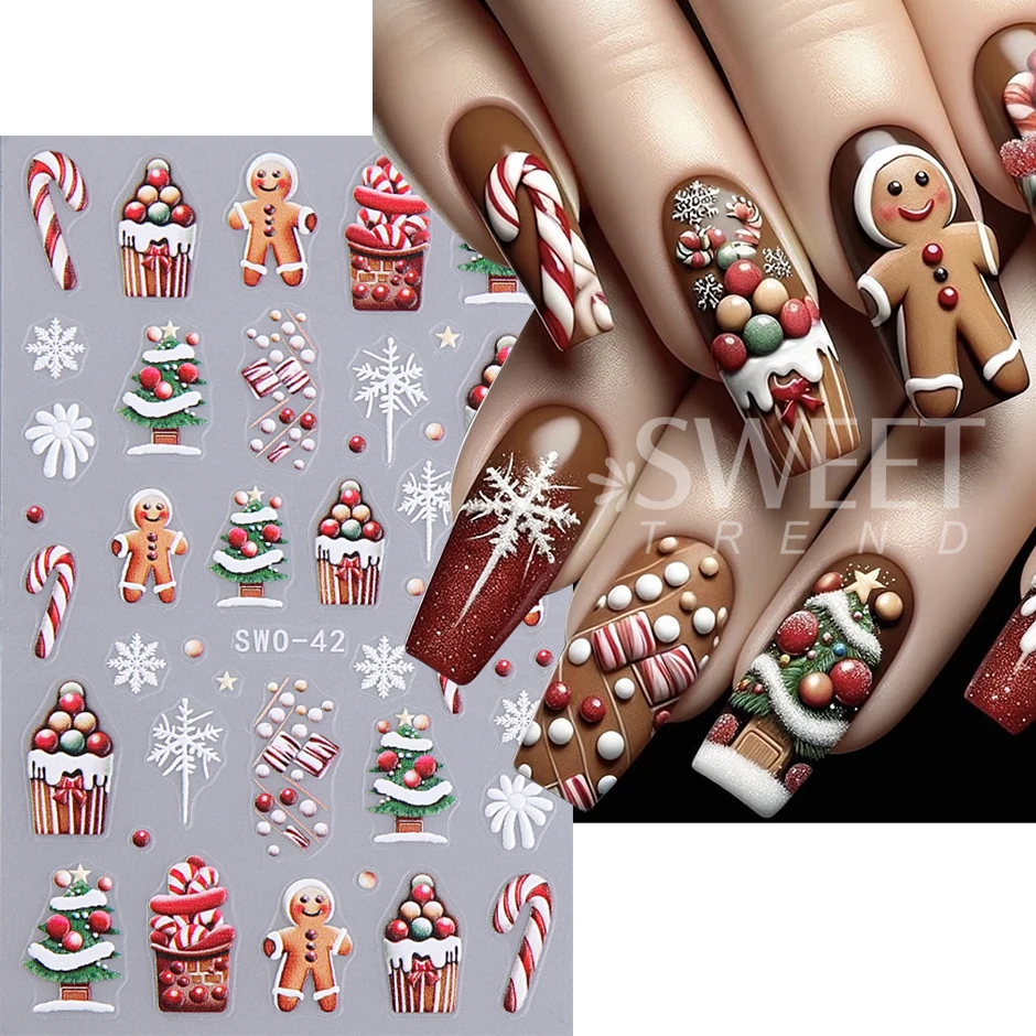 2/3pcs Christmas Embossed Nail Stickers Snowman Gingerbread Man Snowflake Gloves Nail Decals Winter DIY Nail Supplies Decoration