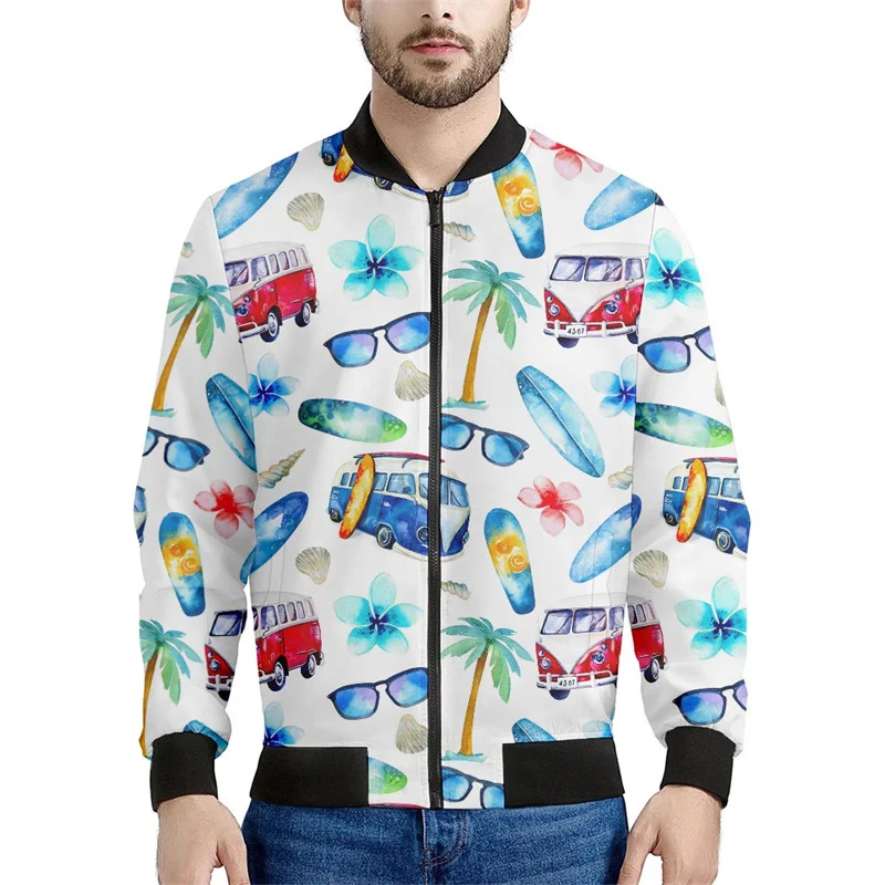 thumbnail image 1 of Chaqueta con cremallera con estampado de olas del océano vintage para hombre, chaqueta holgada informal de manga larga con estampado 3D de autobús de la paz y plumas, abrigo de calle, 1 of 4