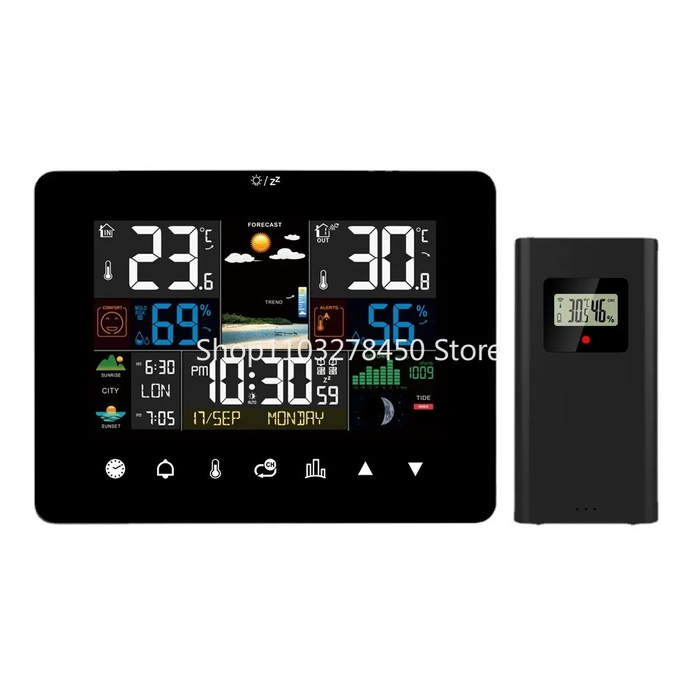 

New Color Screen Touch Weather Station Clock RF Sensing Temperature Moisture Meter Weather Forecast Bell