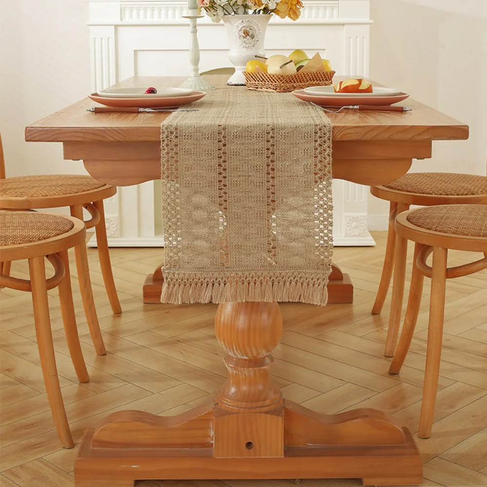 Household Ramie Boho Table Runner Braided Rustic Style Table Cloth Rectangular with Tassel Dining Table Decoration Farmhouse