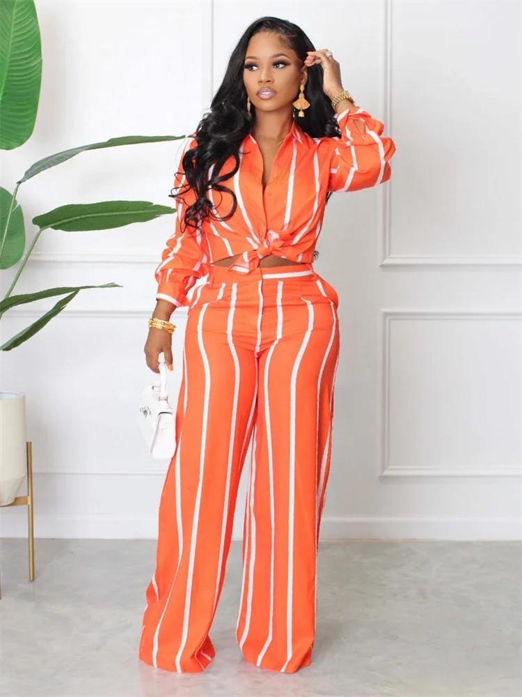 Wmstar Elegant Fashoin Striped Two Piece Set for Women Long Sleeve Shirt Top + Wide Leg Pants Suits Office Matching Sets Outfits
