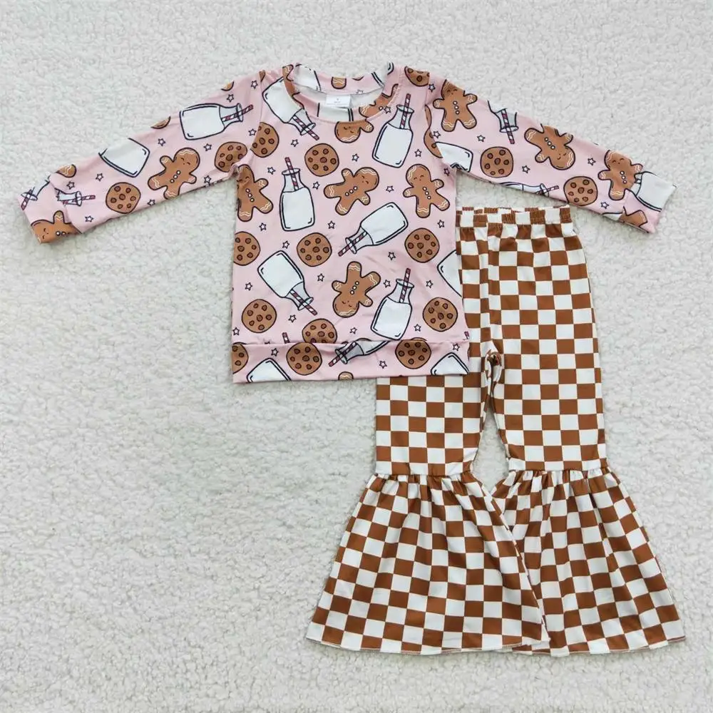 

Wholesale Baby Girl Christmas Set Long Sleeves Gingerbread Cookie Milk Infant Checkered Bell Pants Kids Children Outfit Clothes