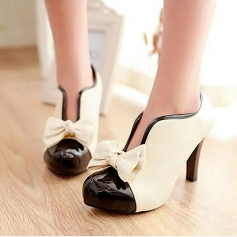 

Korean version of retro large size shoes V-mouth bow matching color high heels women's shoes thick heels fashion single boots