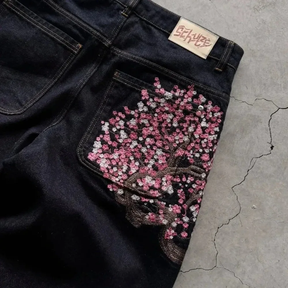 Y2K Retro Casual Straight-Wide Leg JeansStreet Style Gothic Hip-Hop Punk Fashion with Koi and Cherry Blossom EmbroideryUnisex 4