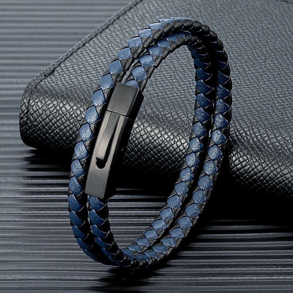 MKENDN Stainless Steel Leather Bracelet Men Women Handmade Woven Double-Layer Design Simple Style Jewelry Gift