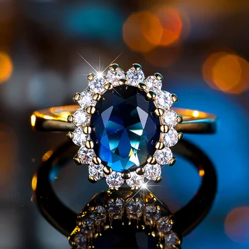 Female Luxury Crystal Blue Oval Zircon Stone Engagement Ring Vintage Yellow Gold Color Wedding Jewelry For Women