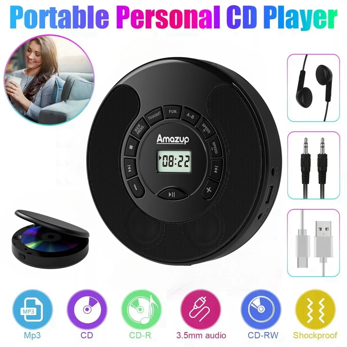 휴대용 CD 플레이어, 듀얼 블루투스 모델, USB 플레이어, 듀얼 스테레오 스피커, A-B 반복, AUX, 재생 속도 제어
