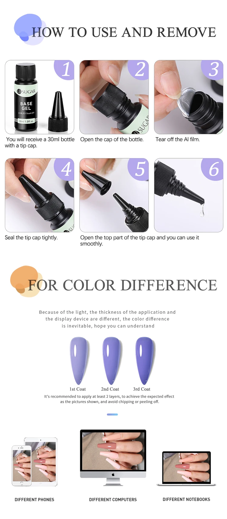 Description Picture 6 of itemUR SUGAR 30ML Base Gel No Wipe Top Coat Nail Art Soak Off UV LED Matte Top Coat Nail Gel Polish Manicure Functional Gel Varnish