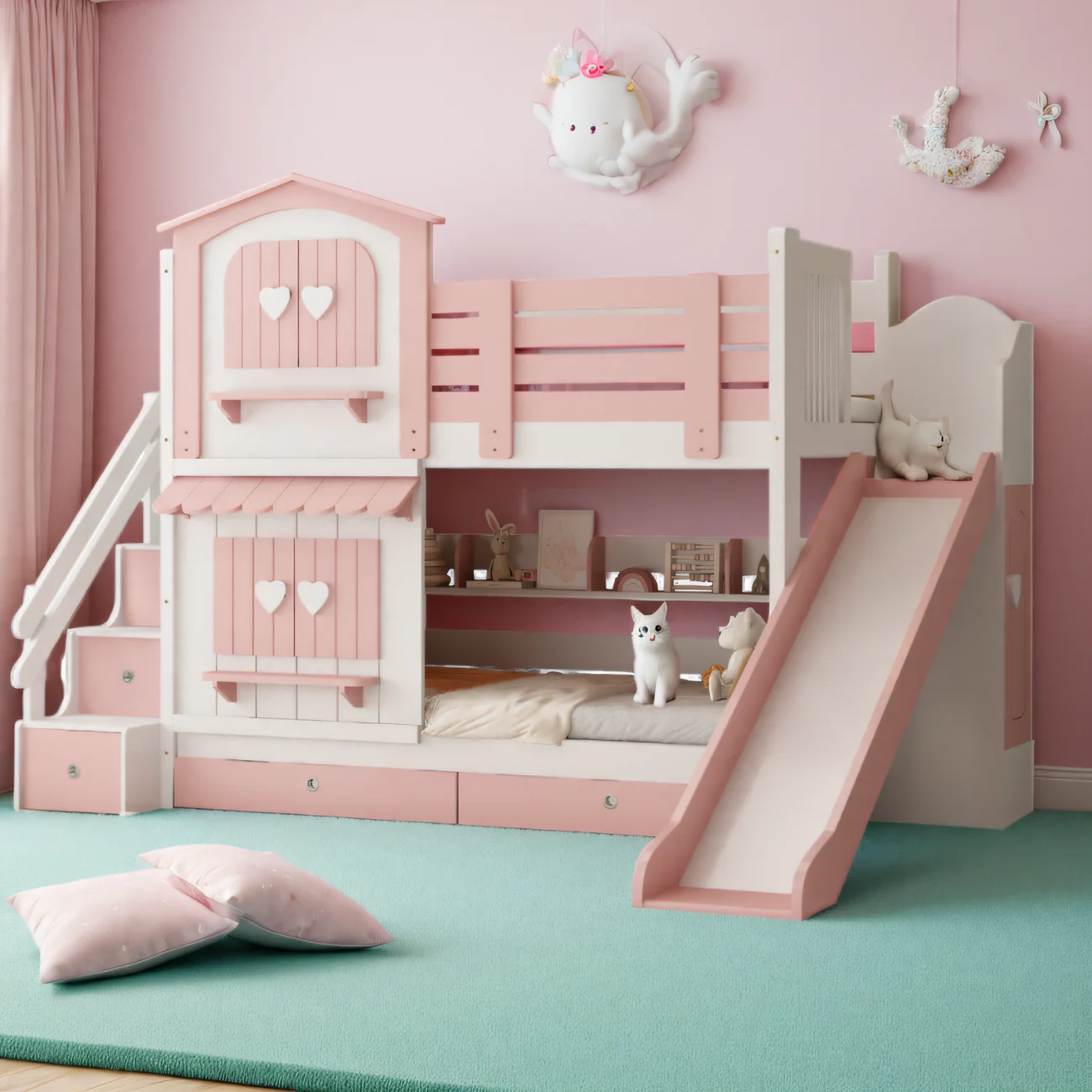 Full solid wood children's bed slide up and down bunk high and low child  and mother pink princess castle tree house - AliExpress, image size:1300x1300