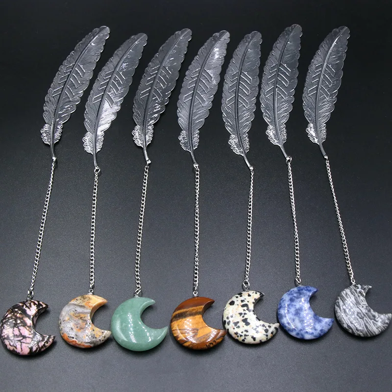 

6pcs Natural Moon Crystal Feather Charms Pendant Bookmark Clear Quartz Gemstone Creative Page Holder Stationery Decor Gift
