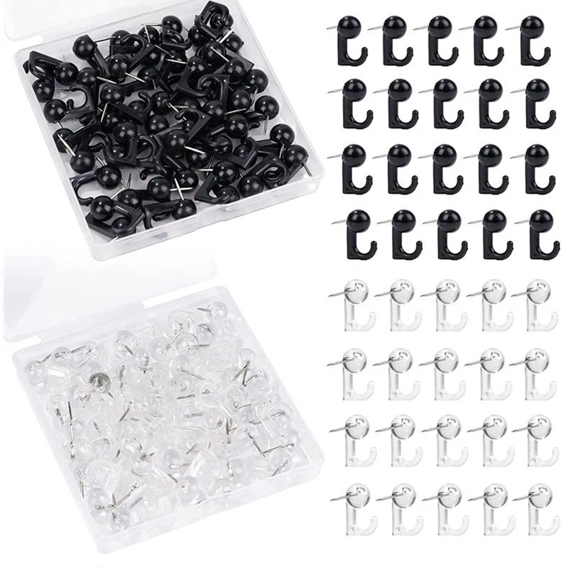 50Pcs Plastic Metal Crochet Black Transparent Cork Thumbtack Hook Decorative Thumb Tacks Hook Back Push Pins For Cork Board