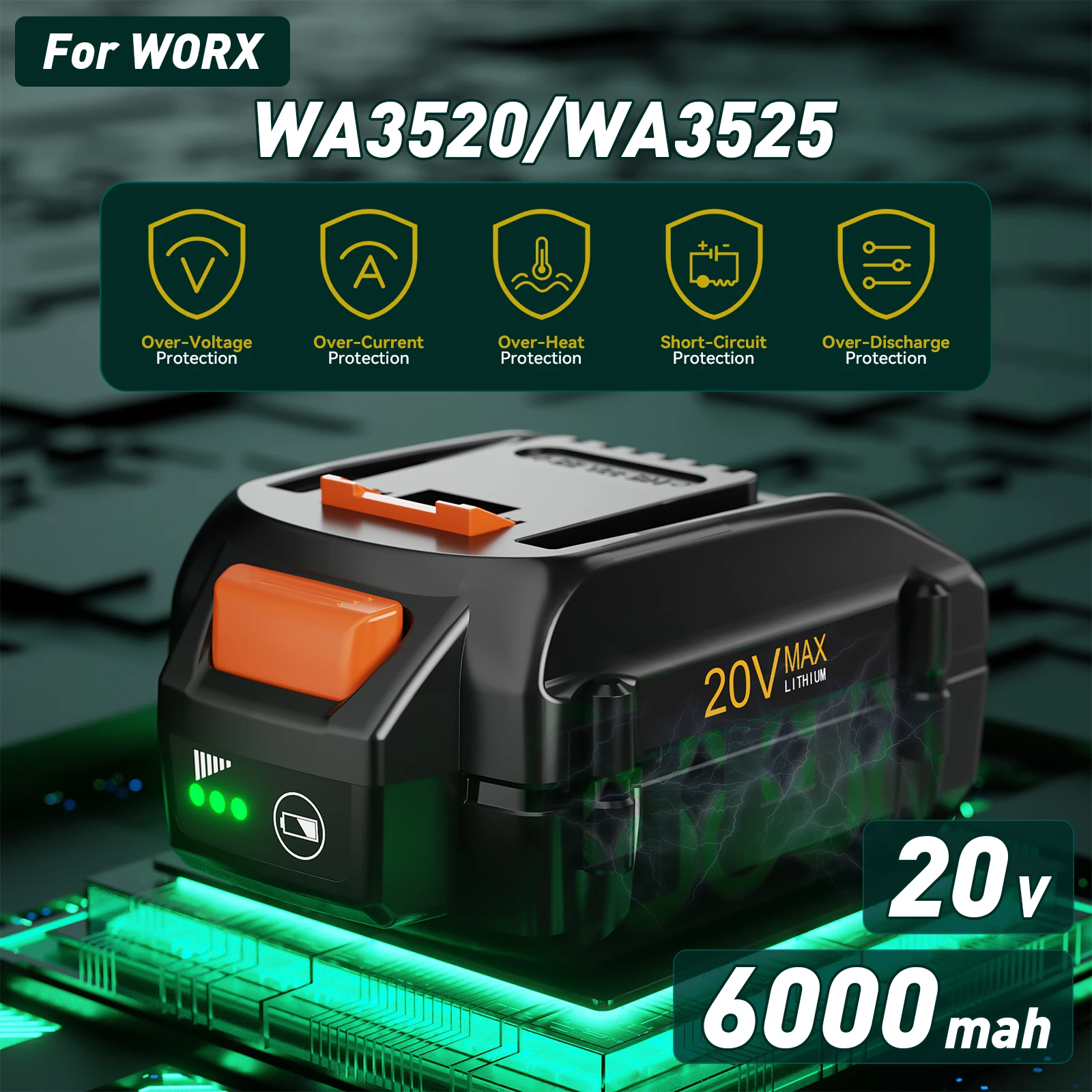 For WORX WA3520 6000mAH Li-ion Battery New For WORX WA3525 20V ...