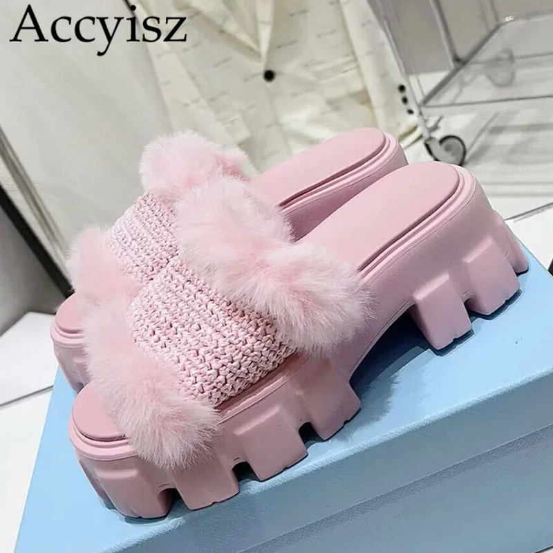 

Autumn Winter Open Toe Wool Slippers Platform Shoes Women Real Leather Wedges Heel Sandals Fashion Solid Color Knit Slippers