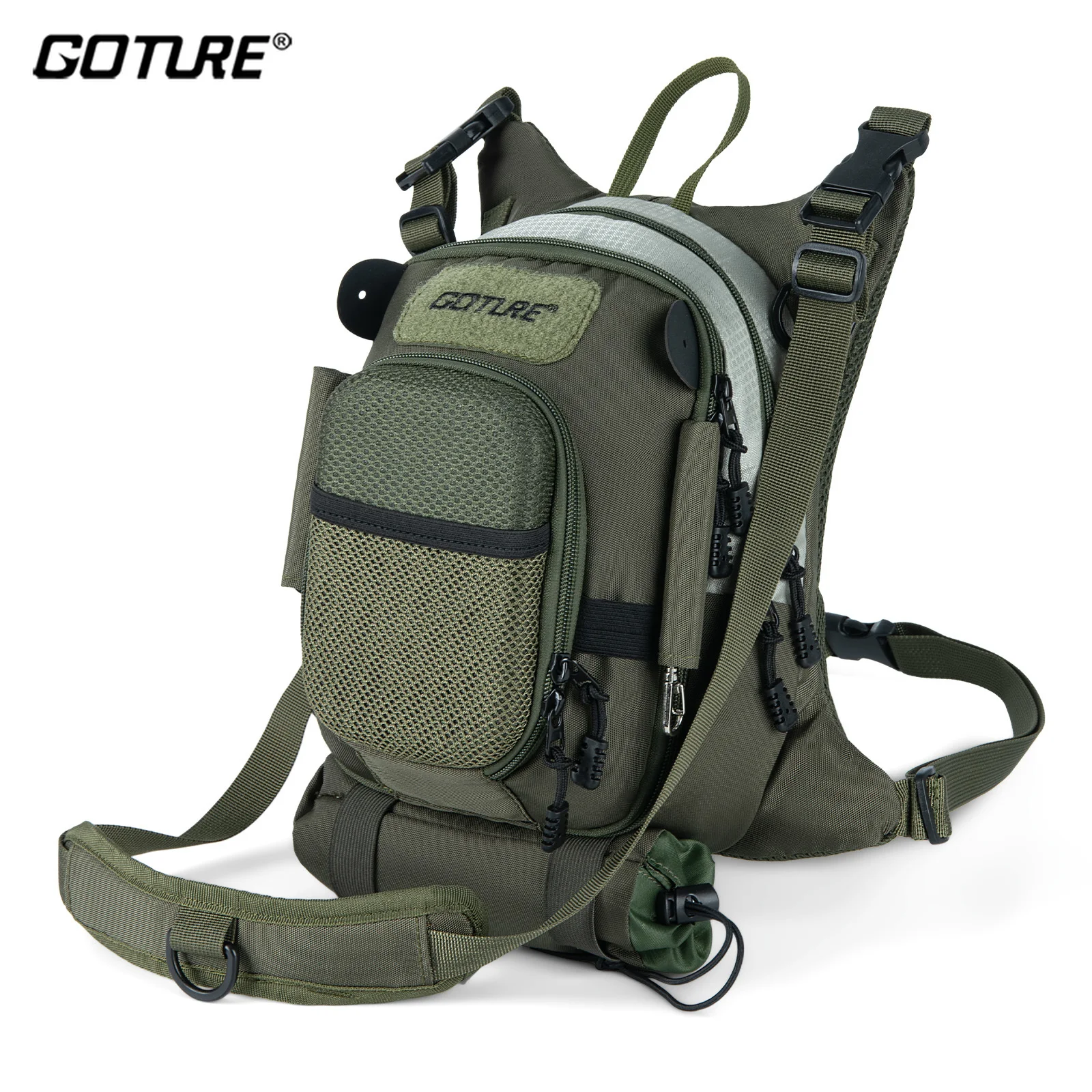 Sac poitrine pêche mouche léger Goture - Rangement matériel réglable - Bandeau ceinture rembourré