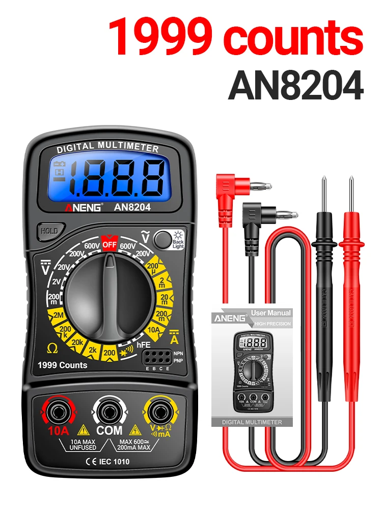 ANENG AN8204 디지털 멀티미터 1999 카운트 AC/DC 전압 10A 전류 저항 HFE 삼극관 버저 테스트 멀티미터 DIY 도구