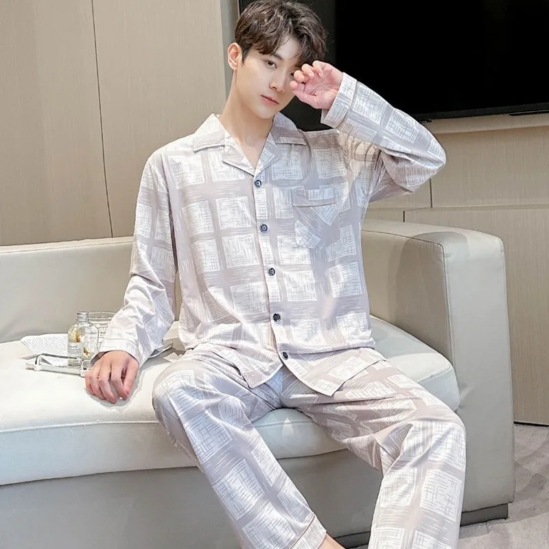 2024 New Pure Cotton Pajamas Men's Autumn Winter Sleepwear Long Sleeved Cotton Thin Loungewear Plaid Oversized Homewear Set
