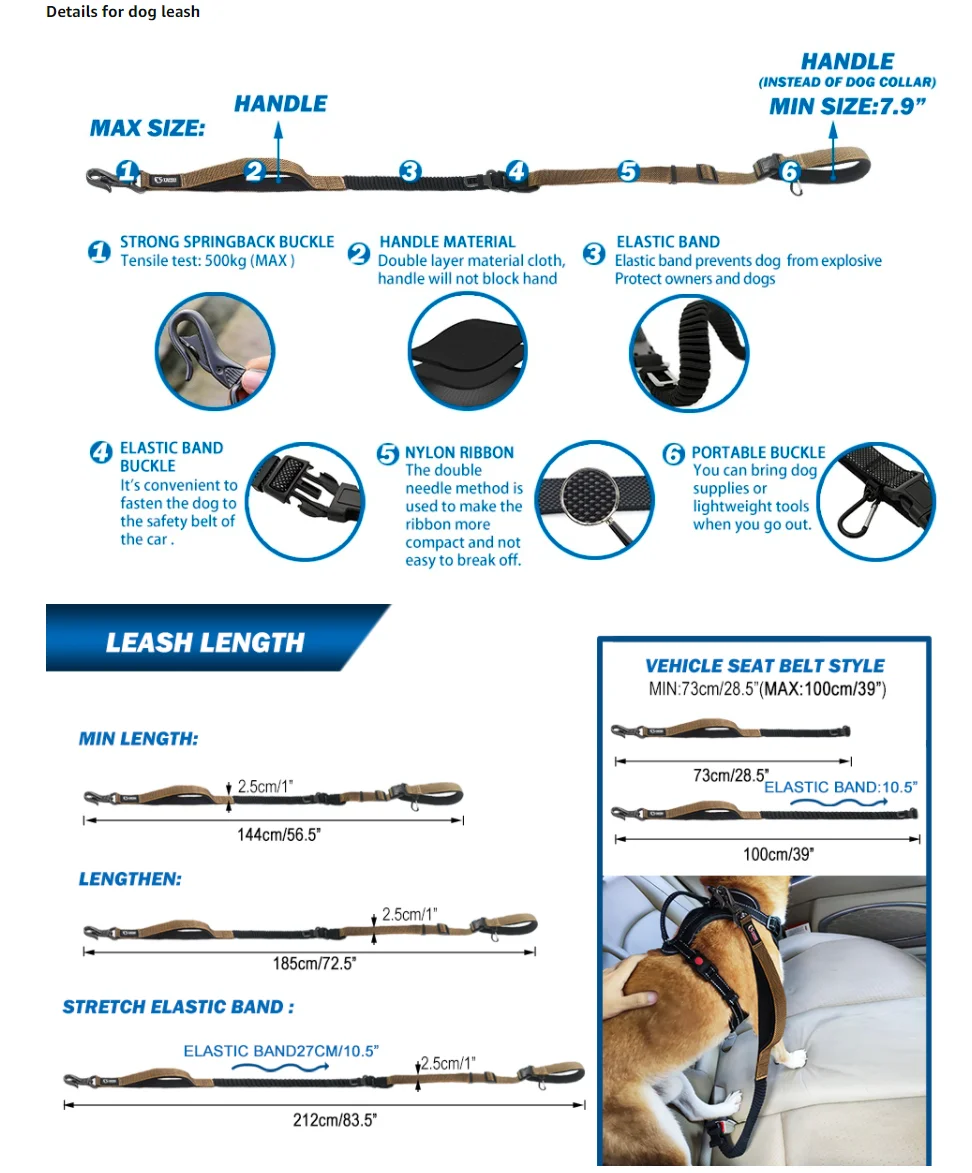 TSPRO Hands Free Dog Leash for Walking Running with Safety Car Seat Belt Shock Absorbing Bungee Leash with Padded Handle