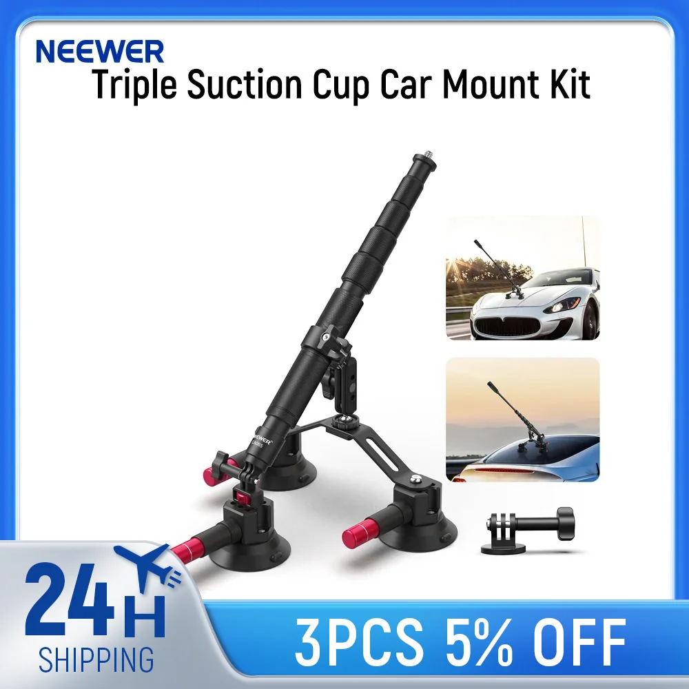 NEEWER Triple Suction Cup Car Camera Mount Kit | With Magic Arm, Extension Pole & Action Camera Adapter