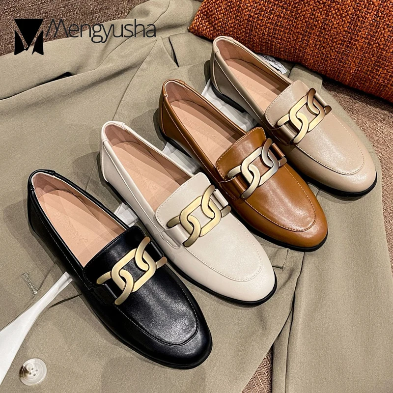 2025 High End Luxury Oxford Shoes Ladies Preppy Leather Sneakers Woman Metal Chain Loafers Big Size 42/43 Plush Cotton Fur Flats women oxford shoes