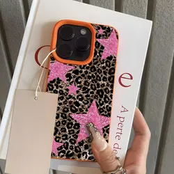 Retro Leopard Print Pink Star Shockproof Lychee Soft Phone Case - iPhone 17 Pro Max (Orange)