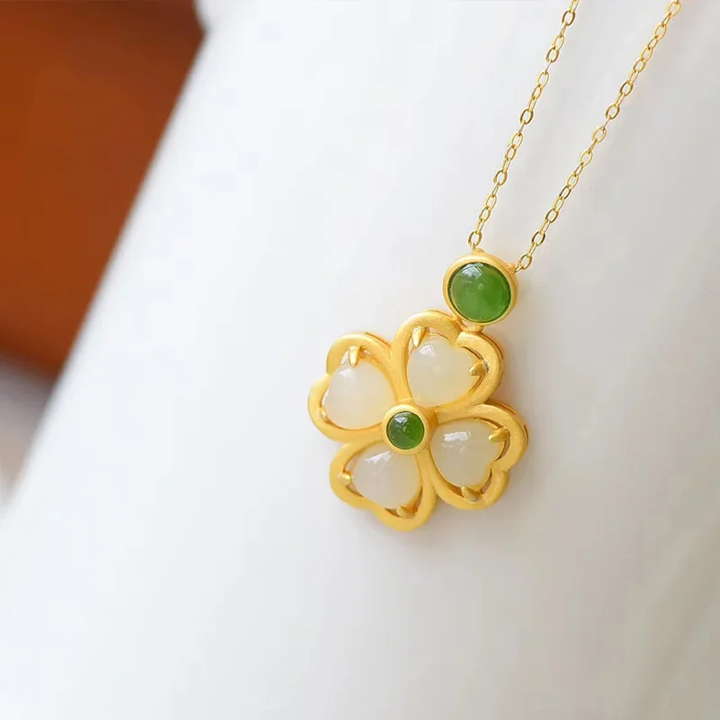 Pendant Necklace Natural Hetian Jade Clover Pendant Necklace 925 Silver Jewelry for Women