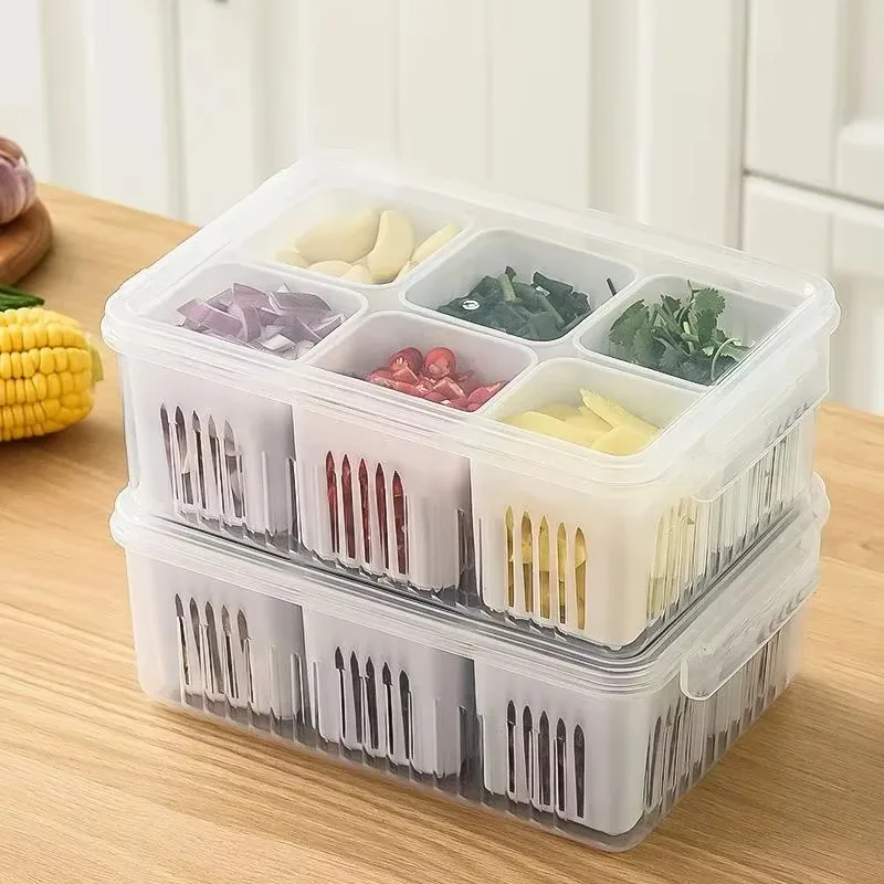 Kitchen Onion Ginger Garlic Storage Preservation Box Multi Grid Food Grade Fruit Vegetable Drain Box Refrigerator Storage Tank