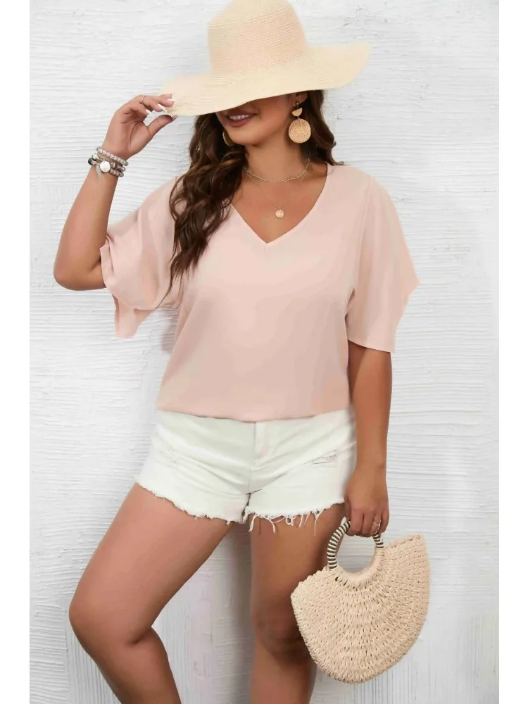 Plus Size 1XL-5XL Women's Solid Color Short Sleeve BlouseV Neck Bell Sleeve Blouse Casual Pullovers Shirt Top