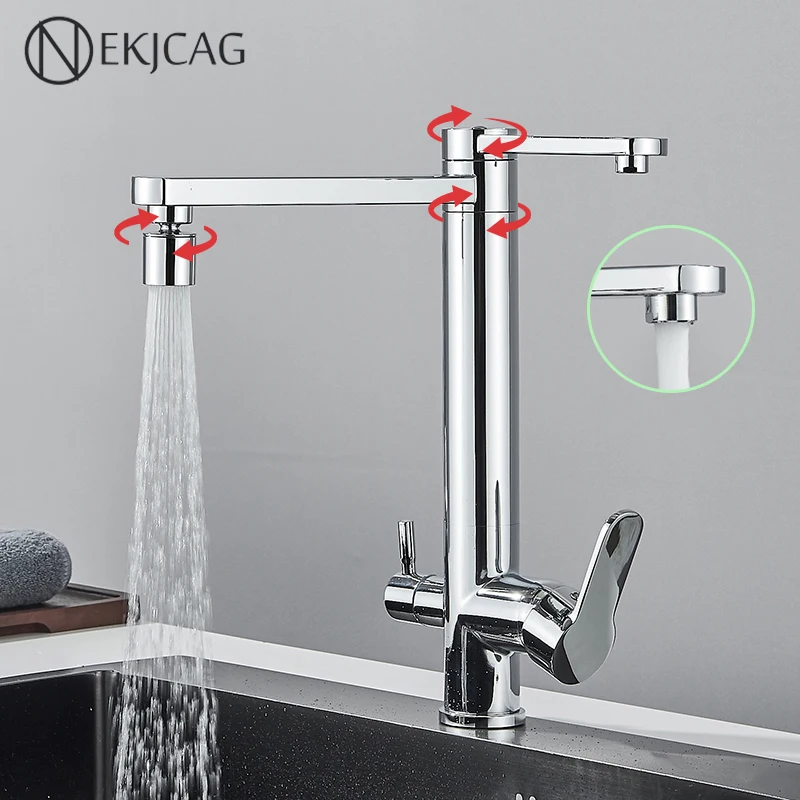 Chrom-Küchenarmatur Mit Reinem Wasser, Doppelgriff, Doppelauslauf, Schwenkbare Spültischarmaturen, 360° Heiß/Kalt Gefilterter Wassermischer, Küchenkran