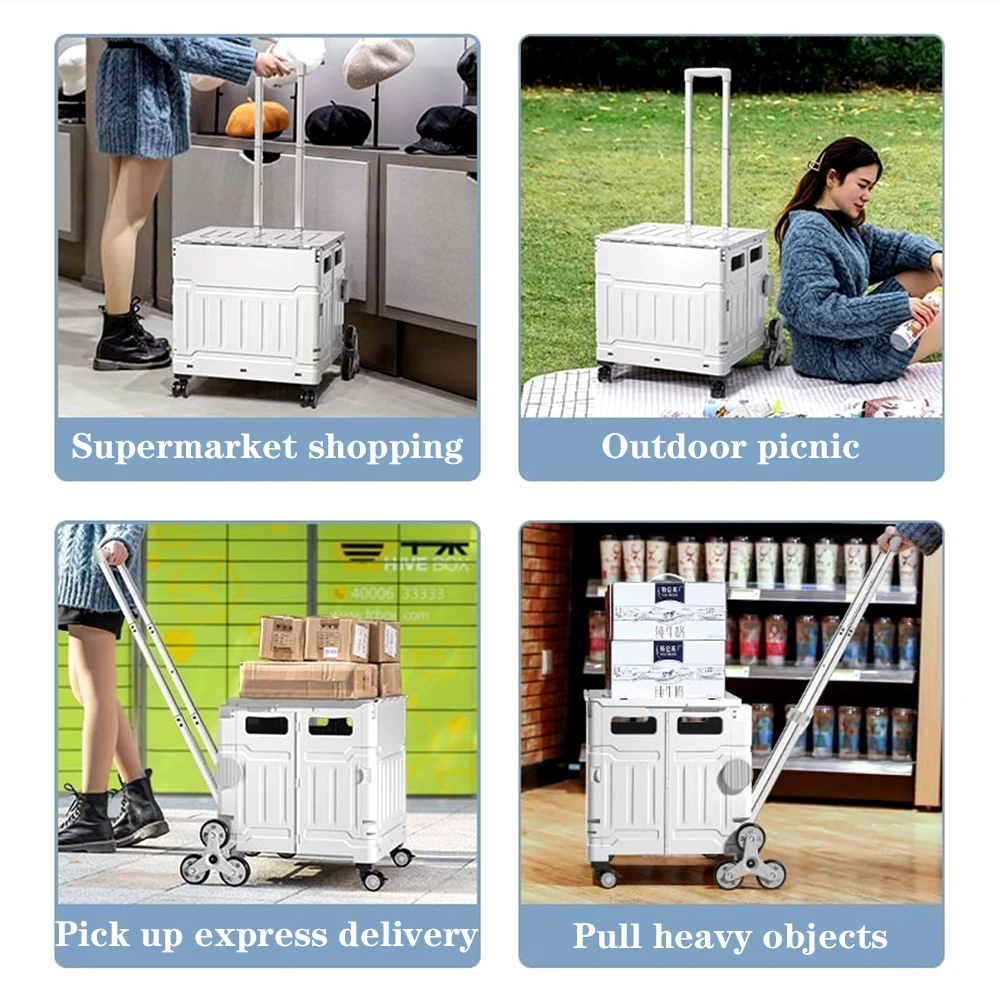 Folding Shopping Cart Portable Light-weight Household Large Storage Box Outdoor Travel Picnic Luggage Handcart with 8 Wheels