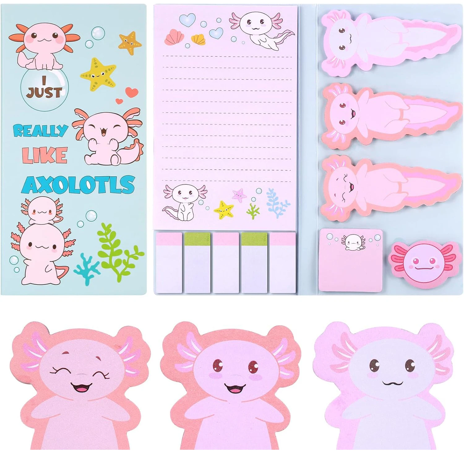 Axolotl Sticky Notes - Cute Pink Cartoon Memo Set for Girls, Party Favors & Student School Supplies