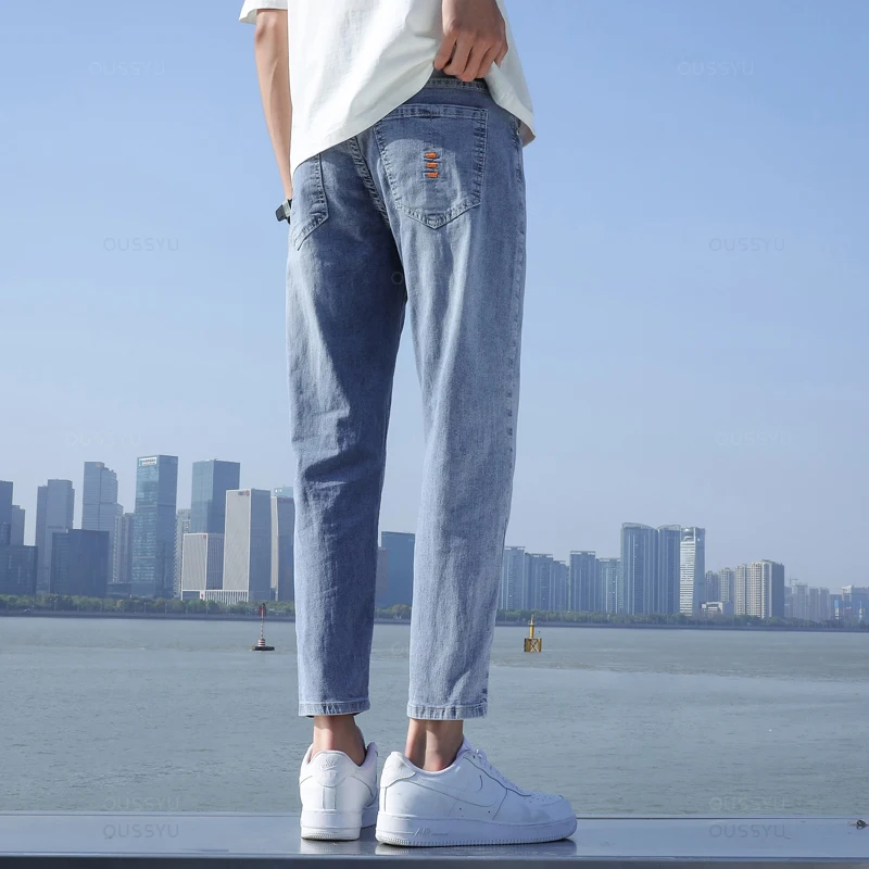 2025 New Men's Stretch Ankle Length Jeans Light blue Fashion Casual Cotton Slim Fit Denim Pants Korean Trousers Male Brand Cloth 2