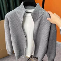 Zipper Front Knitted Cardigan Men's Slim Fit Stand Collar Outerwear Warmth Display Cityboy Style Long Sleeve Winter Sweater