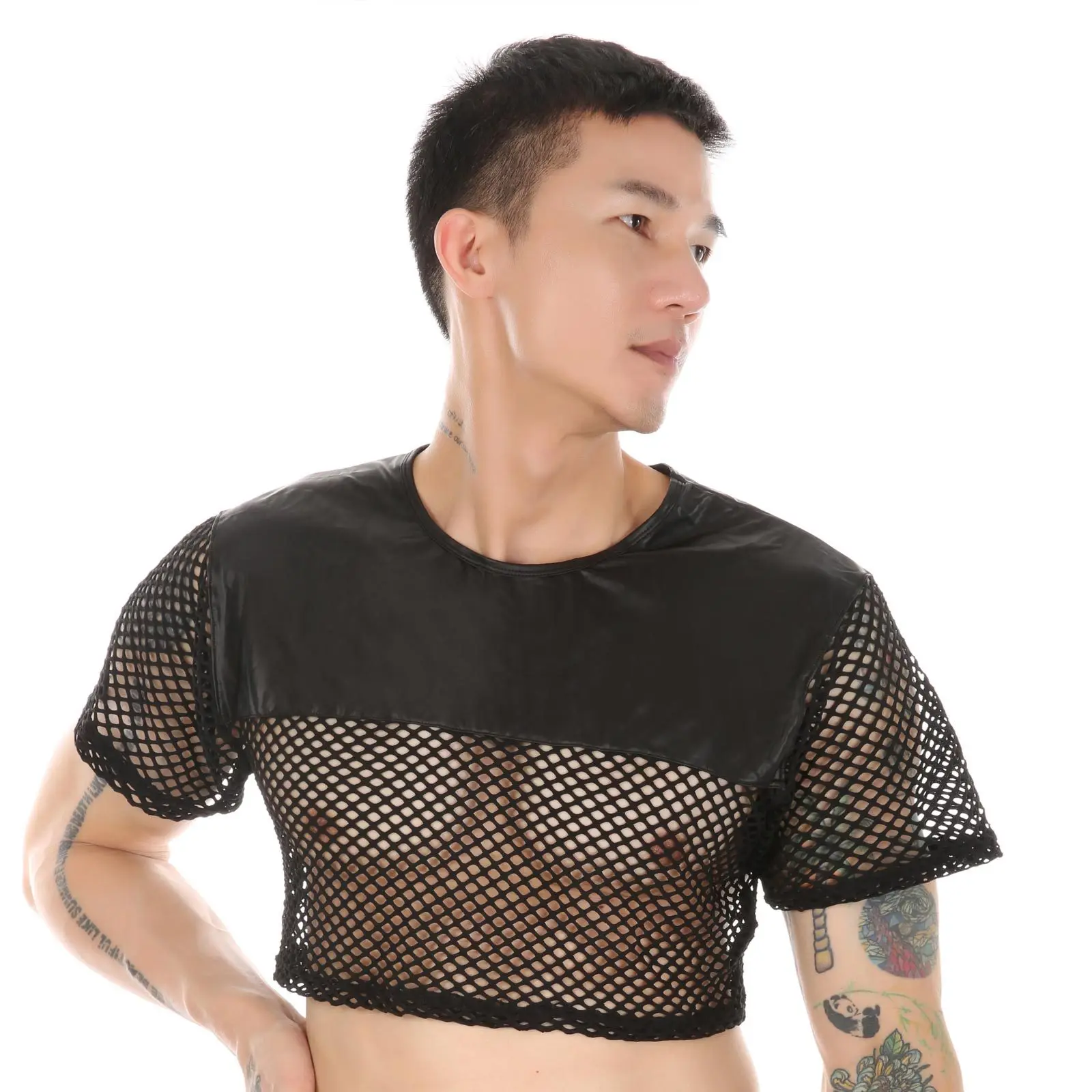 

New men's personalized T-shirt trendy short faux leather mesh patchwork fishing net top in European size