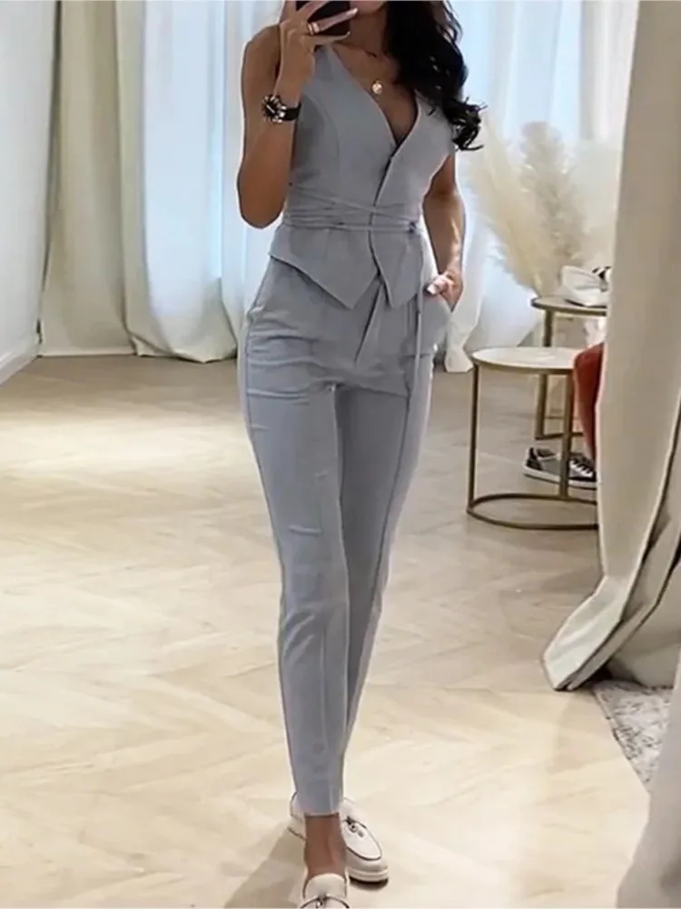 Two Piece Set For Women V-neck Slim Sleeveless Leace-up Tops Tight Long Pants Ladies Sets 2023 Spring Summer New Offce Commuting japanese style elegant high waist long skirt ladies 2023 fall new sweet slimming solid color lined tight fishtail long skirts